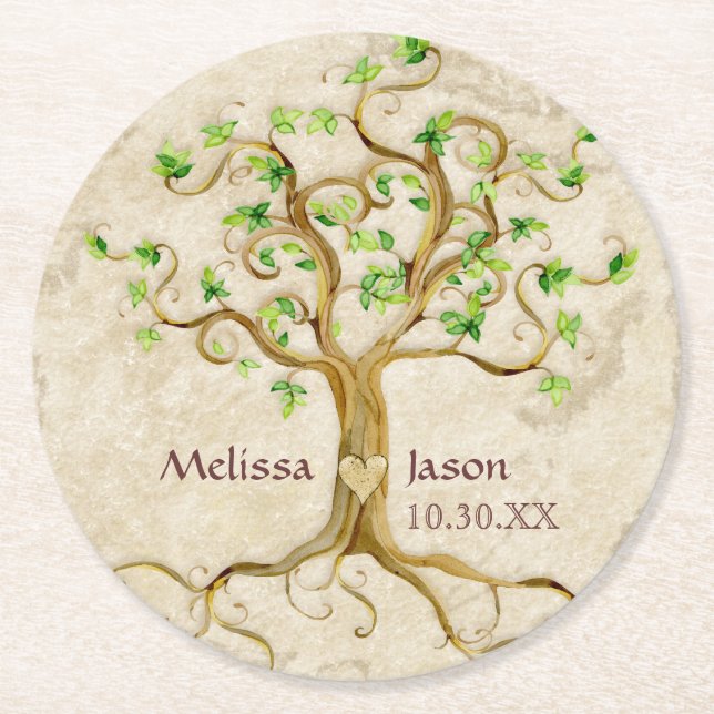 Swirl Tree Roots Antiqued Personalised Wedding Art Round Paper Coaster (Front)