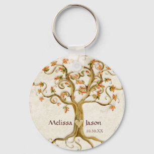 Swirl Tree Roots Antiqued Personalized Names Heart Key Ring