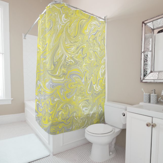 Swirl Yellow and Grey Grey Shower Curtain (In Situ)