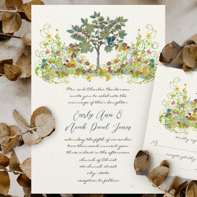 Swirled Flower Love Birds Tree Wedding Invitation (Creator Uploaded)