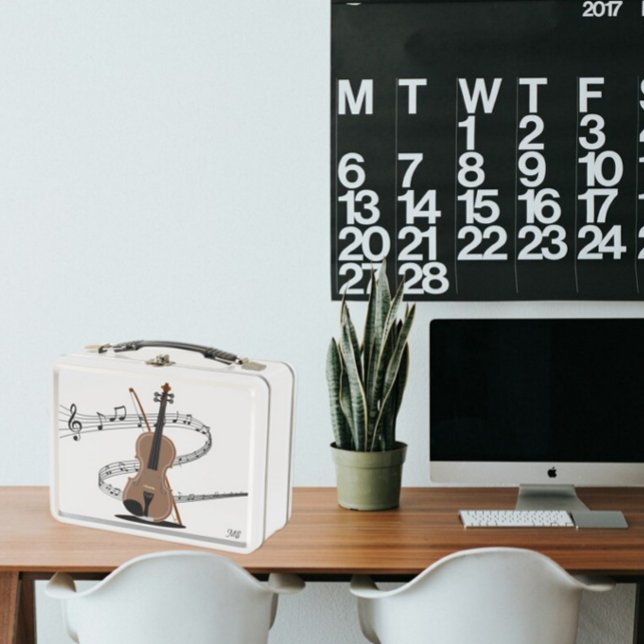 Swirled Music Staff and Violin Drawing | Initials Metal Lunch Box (Creator Uploaded)