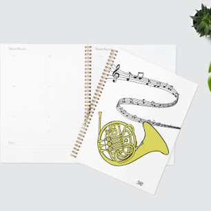 Swirled Music Staff French Horn Drawing & Initials Planner