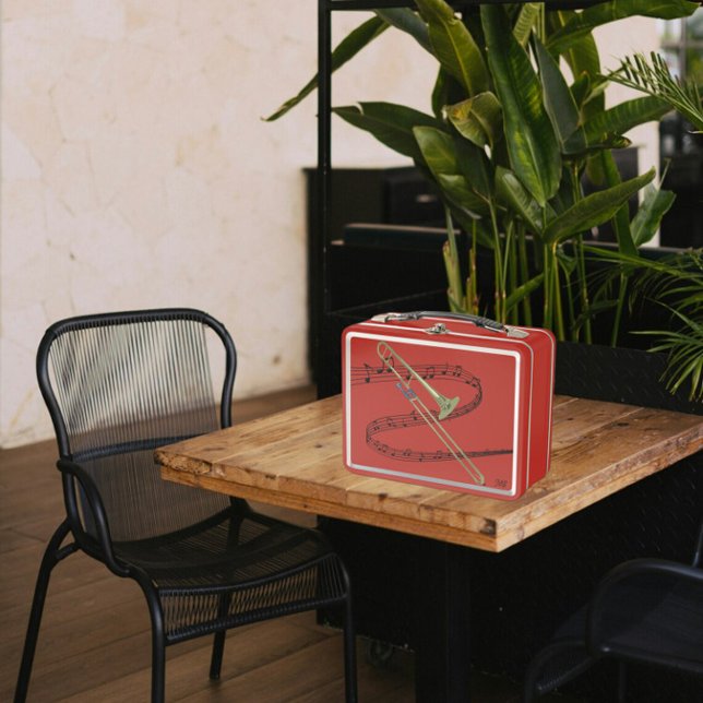 Swirled Music Staff Trombone Drawing | Initials Metal Lunch Box (Creator Uploaded)