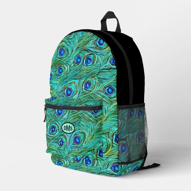 Swirled Peacock Feather Pattern Monogram Printed Backpack (Back Corner Right)