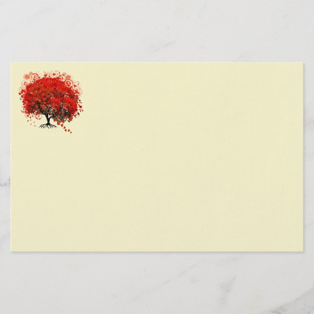 Swirled Rustic Red Heart Leaf Tree Stationery (Front)