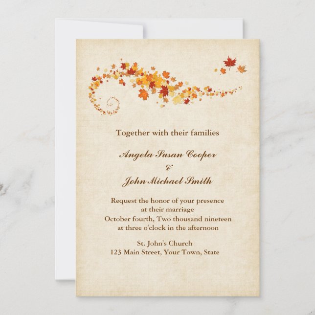 Swirling Autumn Leaves Wedding Invitation (Front)