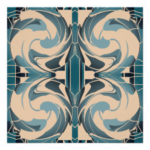 Swirling Beige with Seafoam Grey Teal Symmetrical Poster