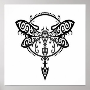 Swirling Black Dragonfly on White Poster