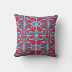 Swirling Bright Red Aqua Turquoise Tile Pattern Cushion