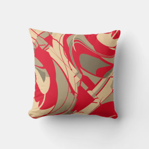 Swirling Bright Red Beige Taupe Floral Diagonal Cushion