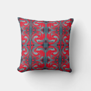 Swirling Bright Red Slate Seafoam Mosaic Scrolls Cushion