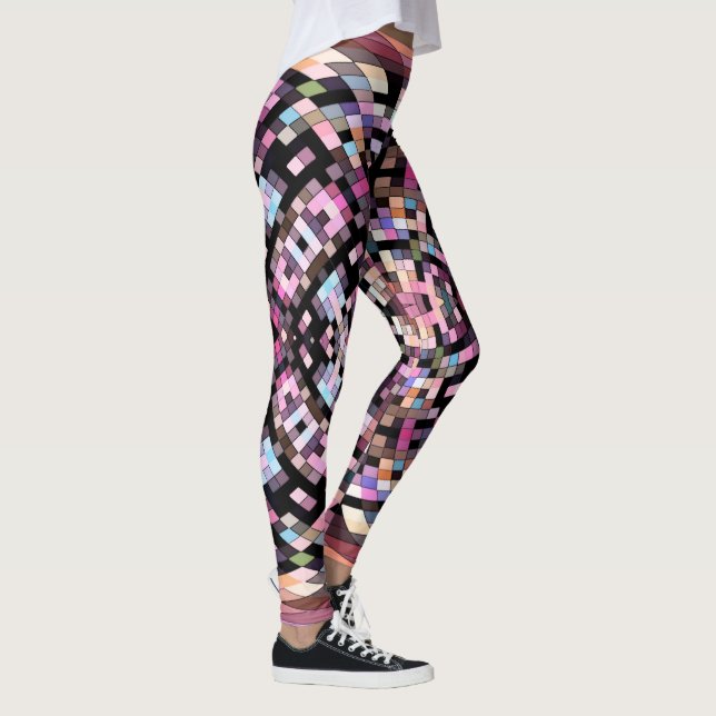 Swirling Chequerboard Abstract in Black, Pink Leggings (Right)