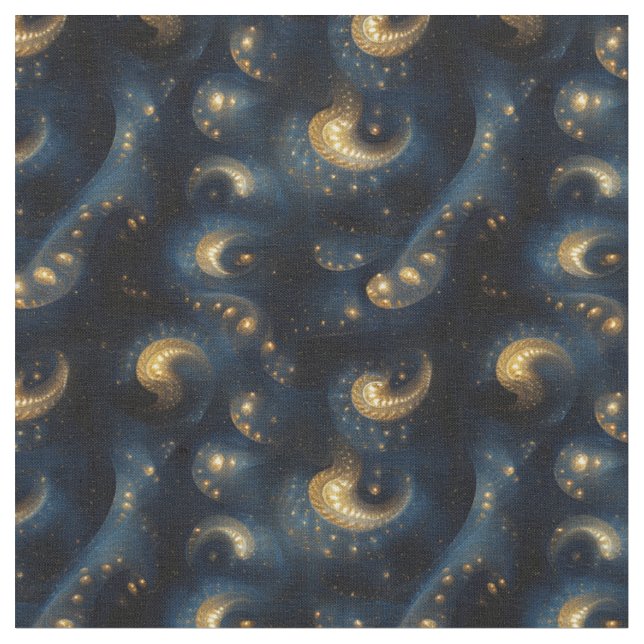Swirling Gold on Blue & Black  Fabric (Close Up)