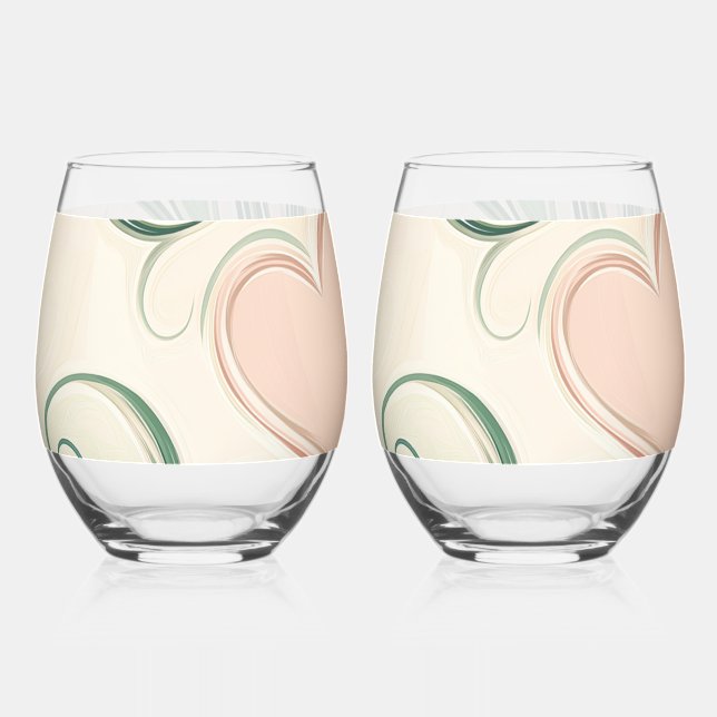 Swirling green lines with pink hearts  stemless wine glass (Front)