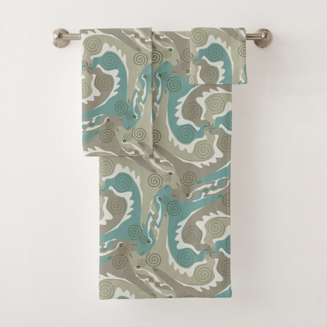 Swirling Hares 4 emerald green Bathroom Towel Set (Insitu)