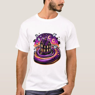Swirling Haunted House Halloween Cute Ghosts & Bat T-Shirt