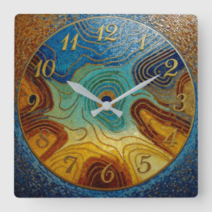 Swirling Mosaic Wall Clock Blue  Teal  Cyan Gold