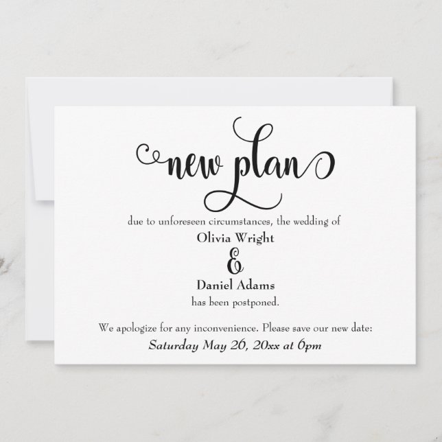Swirling New Plan Postponed Wedding Announcement (Front)