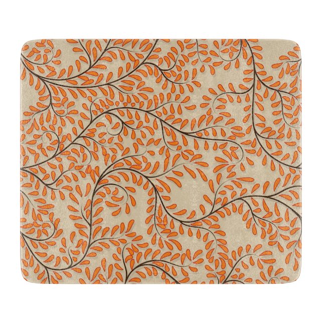 Swirling Orange Leaves on Beige Background Cutting Board (Front)