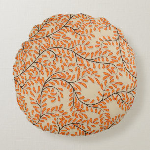 Swirling Orange Leaves on Beige Background Round Cushion