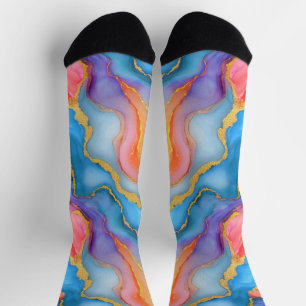Swirling Pattern in Blue Orange Accent Gold Vains Socks