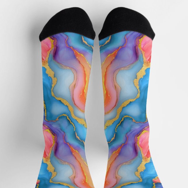 Swirling Pattern in Blue Orange Accent Gold Vains Socks (Top)