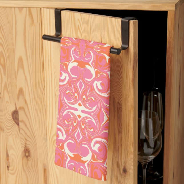 Swirling Pattern in Pink, Orange and Cream Tea Towel (Thirds Fold)