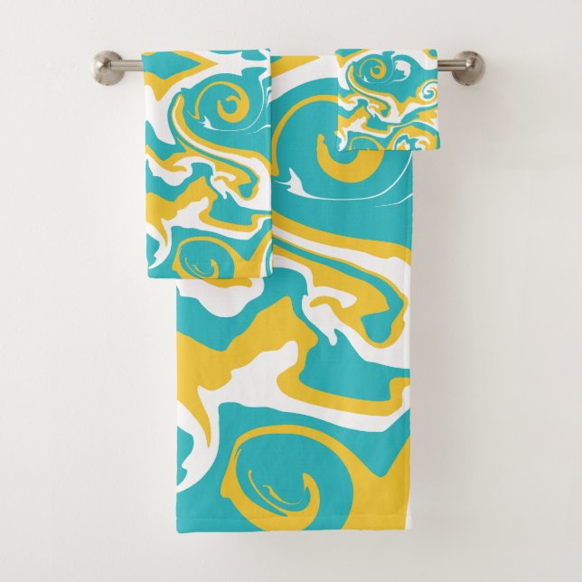 Swirling Pattern in Turquoise and Yellow Bath Towel Set (Insitu)