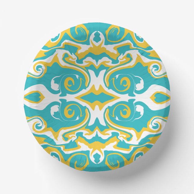 Swirling Pattern in Turquoise and Yellow Paper Plate (Front)