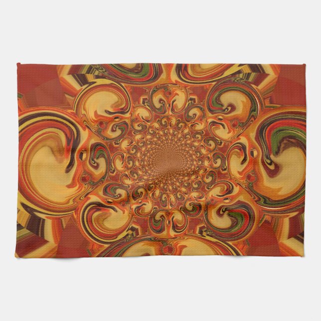 Swirling Pattern: Shades of Orange, Brown & Green Tea Towel (Horizontal)