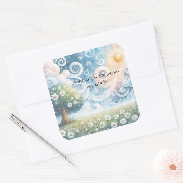 Swirling Skies / Daisies & Quote Square Sticker (Envelope)