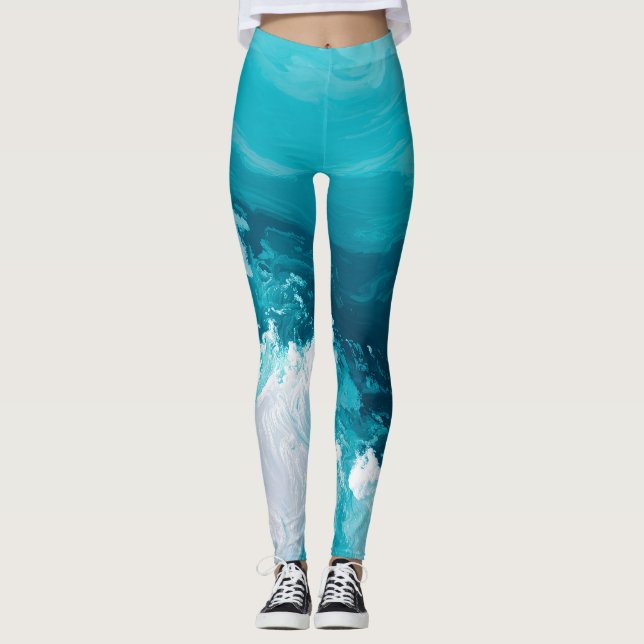 Swirling Turquoise Waves Abstract Ocean Wave Art Leggings (Front)