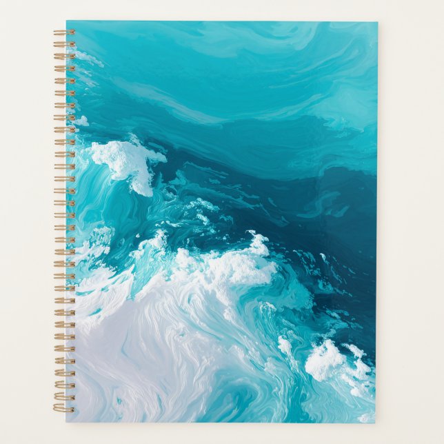 Swirling Turquoise Waves Abstract Ocean Wave Art Planner (Front)