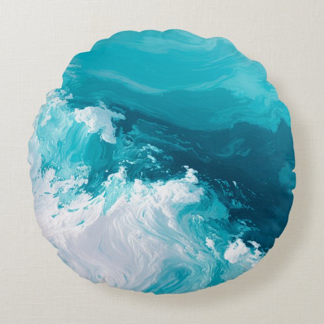 Swirling Turquoise Waves Abstract Ocean Wave Art Round Cushion (Front)