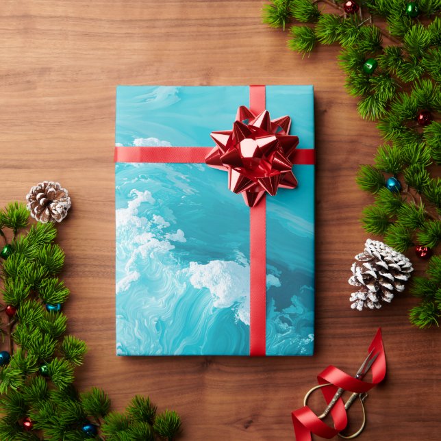 Swirling Turquoise Waves Abstract Ocean Wave Art Wrapping Paper (Holiday Gift)