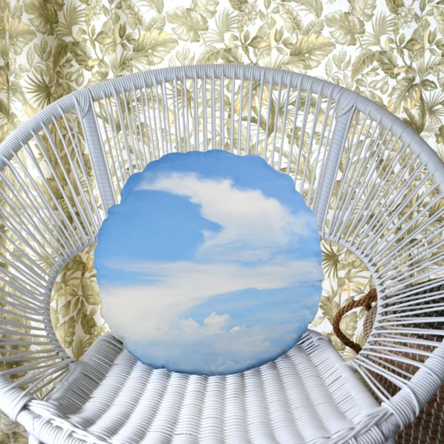 Swirling White Cloud against Blue Sky Round Cushion (Creator Uploaded)