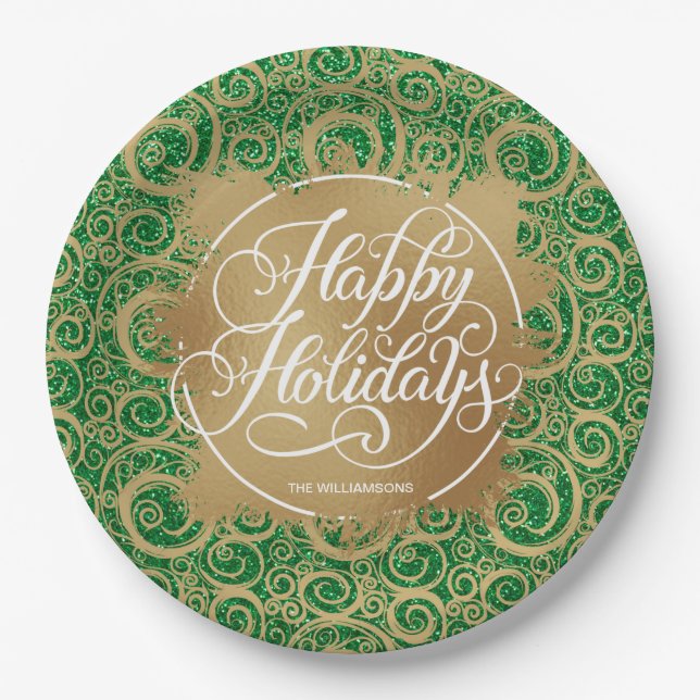 Swirls and Gold Faux Foil Holiday Christmas Green Paper Plate (Front)
