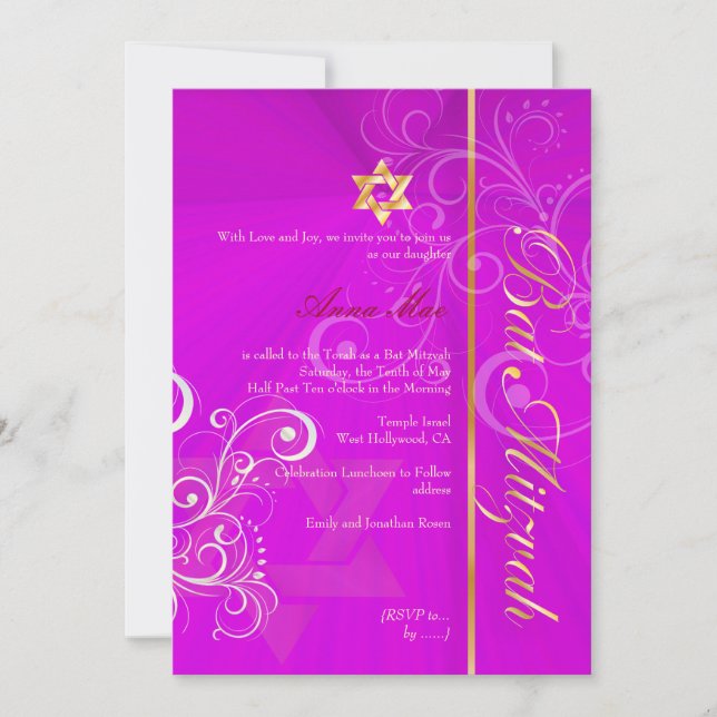 Swirls Bat Mitzvah/hot pink/gold Invitation (Front)