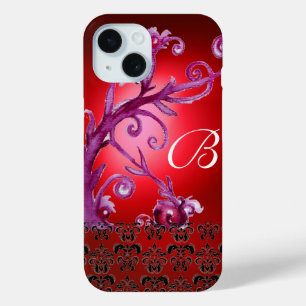 SWIRLS, BERRIES DAMASK MONOGRAM pink black red iPhone 15 Case