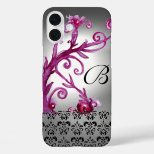 SWIRLS, BERRIES DAMASK MONOGRAM pink ,white black iPhone 16 Plus Case