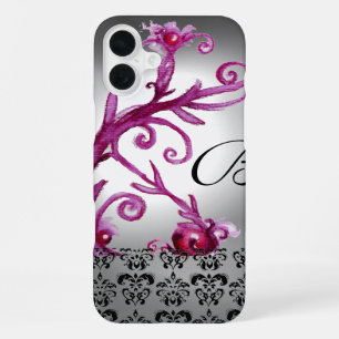 SWIRLS, BERRIES DAMASK MONOGRAM pink ,white black iPhone 16 Plus Case