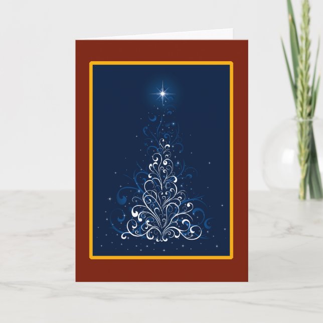 Swirls Christmas Tree in Blue Christmas Card (Front)