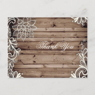 swirls lace barn wood country wedding thank you postcard