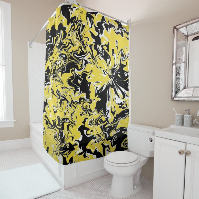 Swirls of Black, White and Yellow Shower Curtain (In Situ)