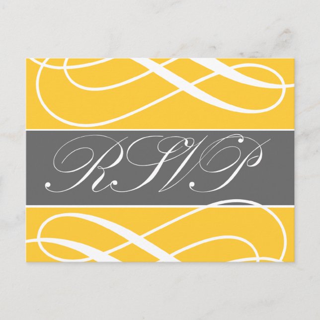 Swirls Wedding RSVP Postcards Yellow Grey (Front)