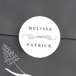 Swirly And Script Wedding Black & White Classic Round Sticker<br><div class="desc">For more advanced customisation of this design,  please click the BLUE DESIGN TOOL BUTTON above!</div>