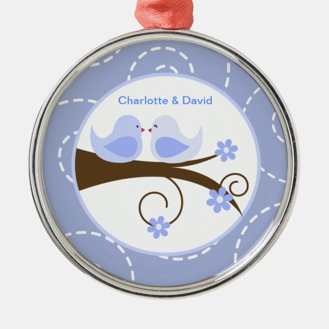 Swirly Bird (Blue) Custom Love Bird Keepsake Metal Tree Decoration (Front)