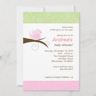 Swirly bird Pink Girl Baby Shower Invitation
