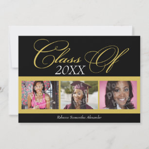 Swirly Black/Gold 3 Photo Graduation Announcement