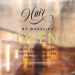 Swirly Black Text Scissors Hair Salon Open Hours